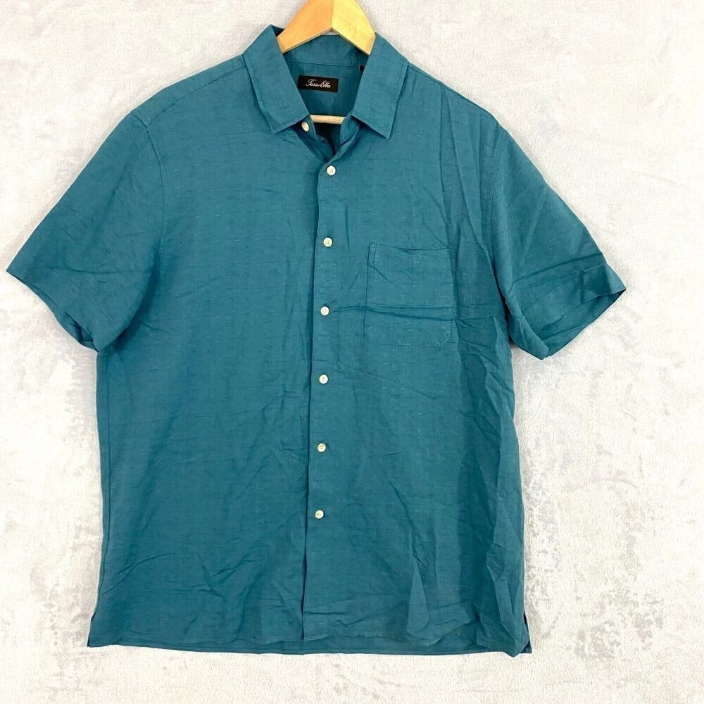 Tasso‎ Elba Silk Blend Button Up Shirt Size Large Blue Short Sleeve Lightweight